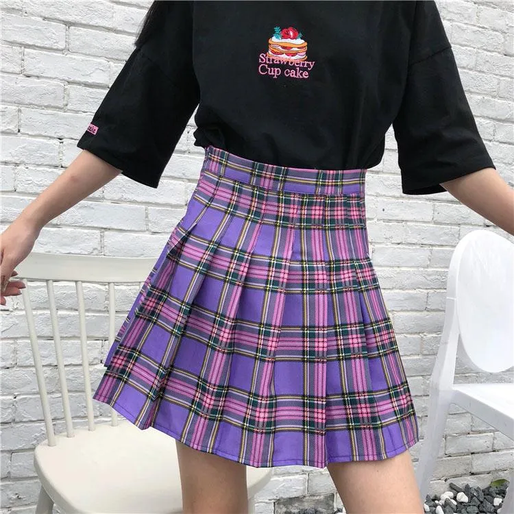 Purple Pleated Plaid Skirt SD00607