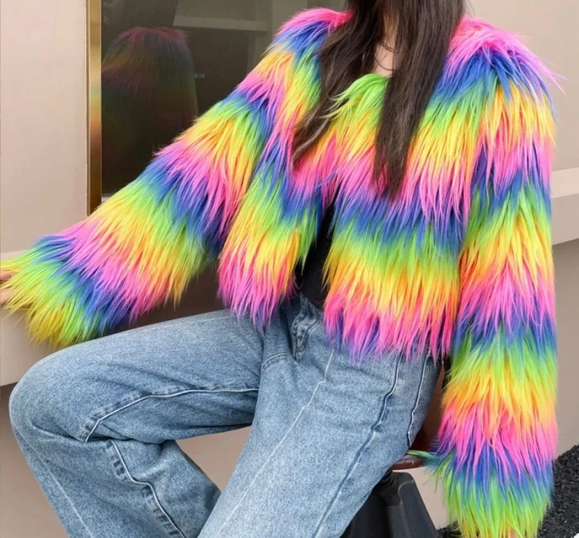 Rainbow Cropped Shaggy Faux Fur Jacket