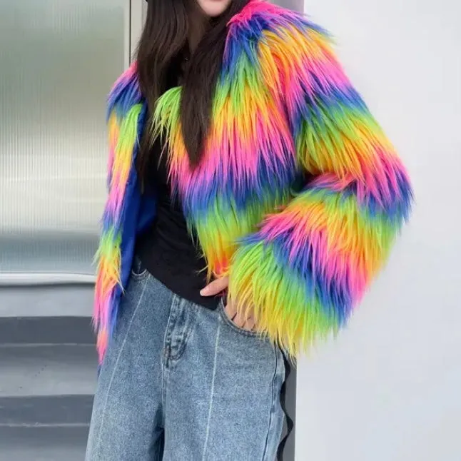 Rainbow Cropped Shaggy Faux Fur Jacket