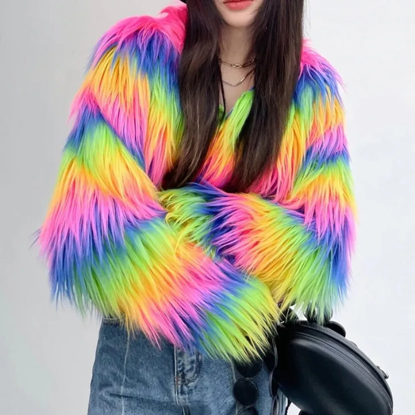 Rainbow Cropped Shaggy Faux Fur Jacket