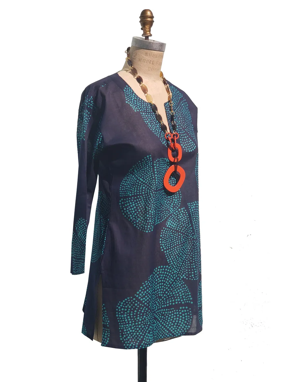 Raja Cotton Tunic Navy Turquoise Polka Dots