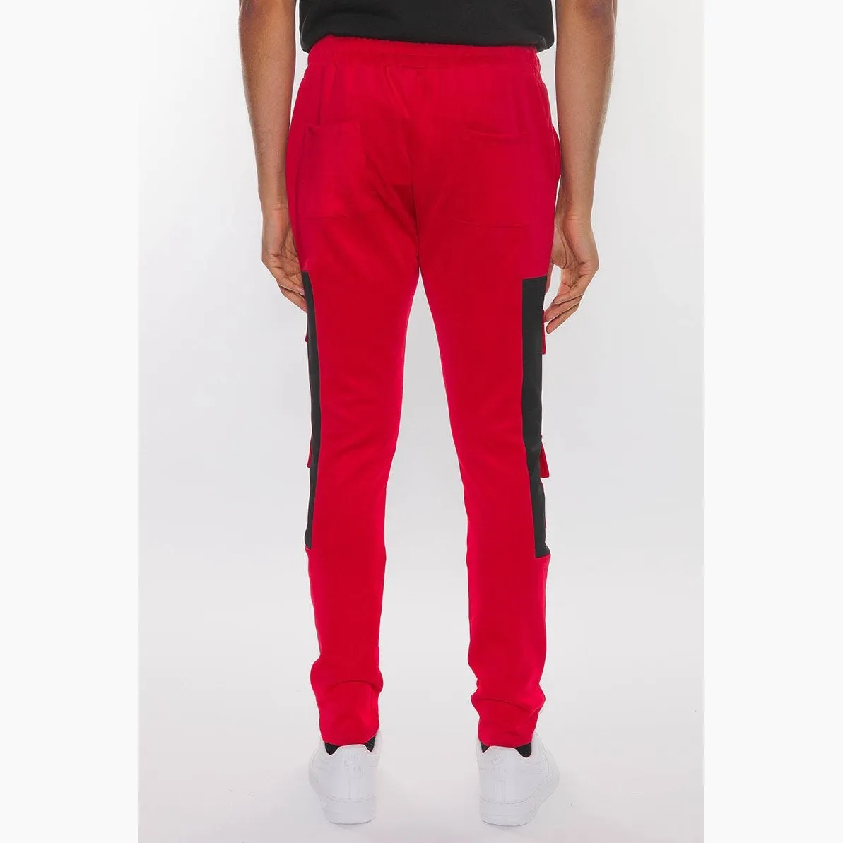 Red & Black Color Block Cargo Track Pants