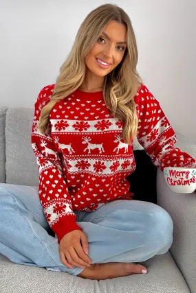 Red Snow Flake Reindeer Christmas Jumper