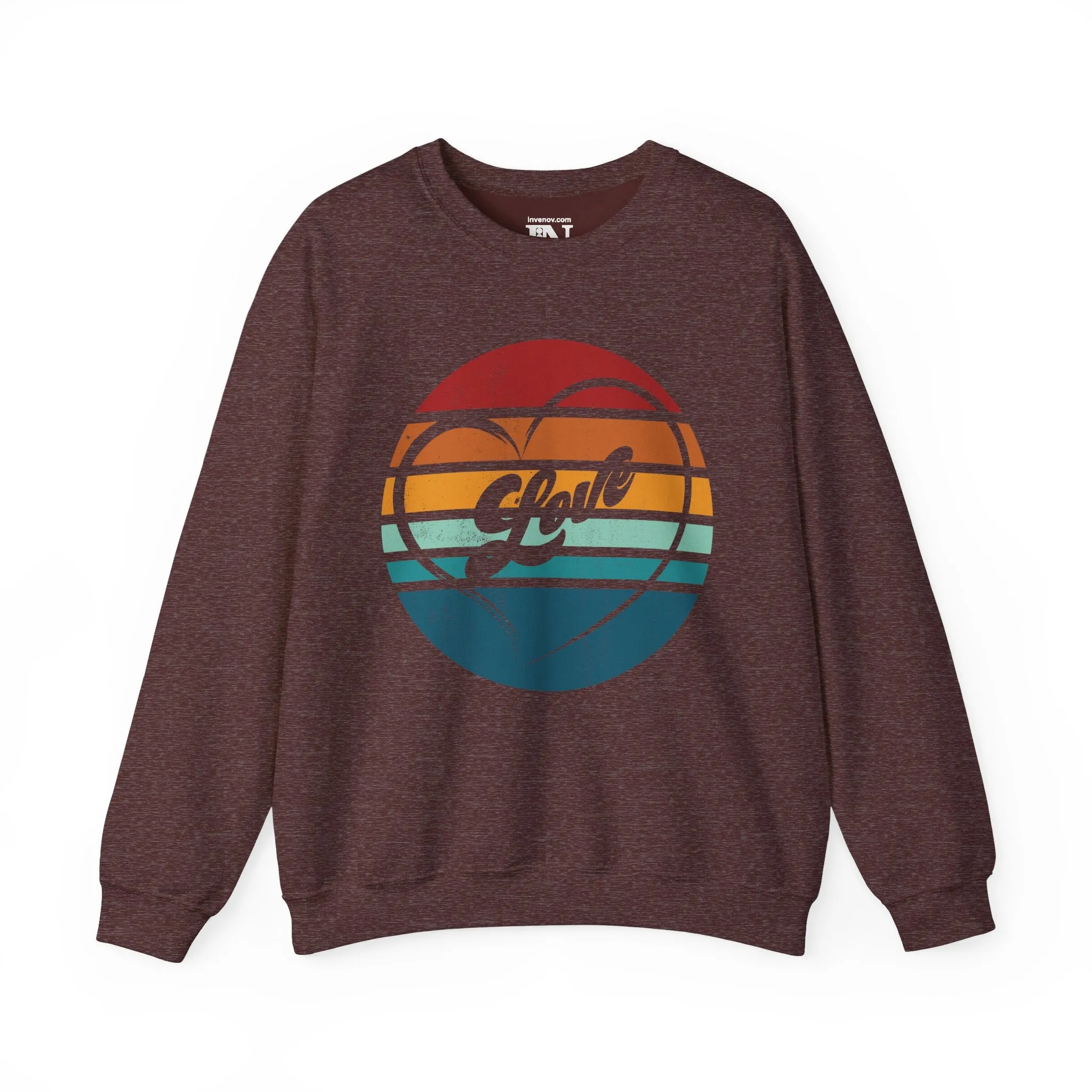 Retro Love Sweatshirt, Vintage Style Valentine's Day Crewneck, Warm Sunset Stripes Jumper, Distressed Graphic Pullover, Unisex Cozy Sweater