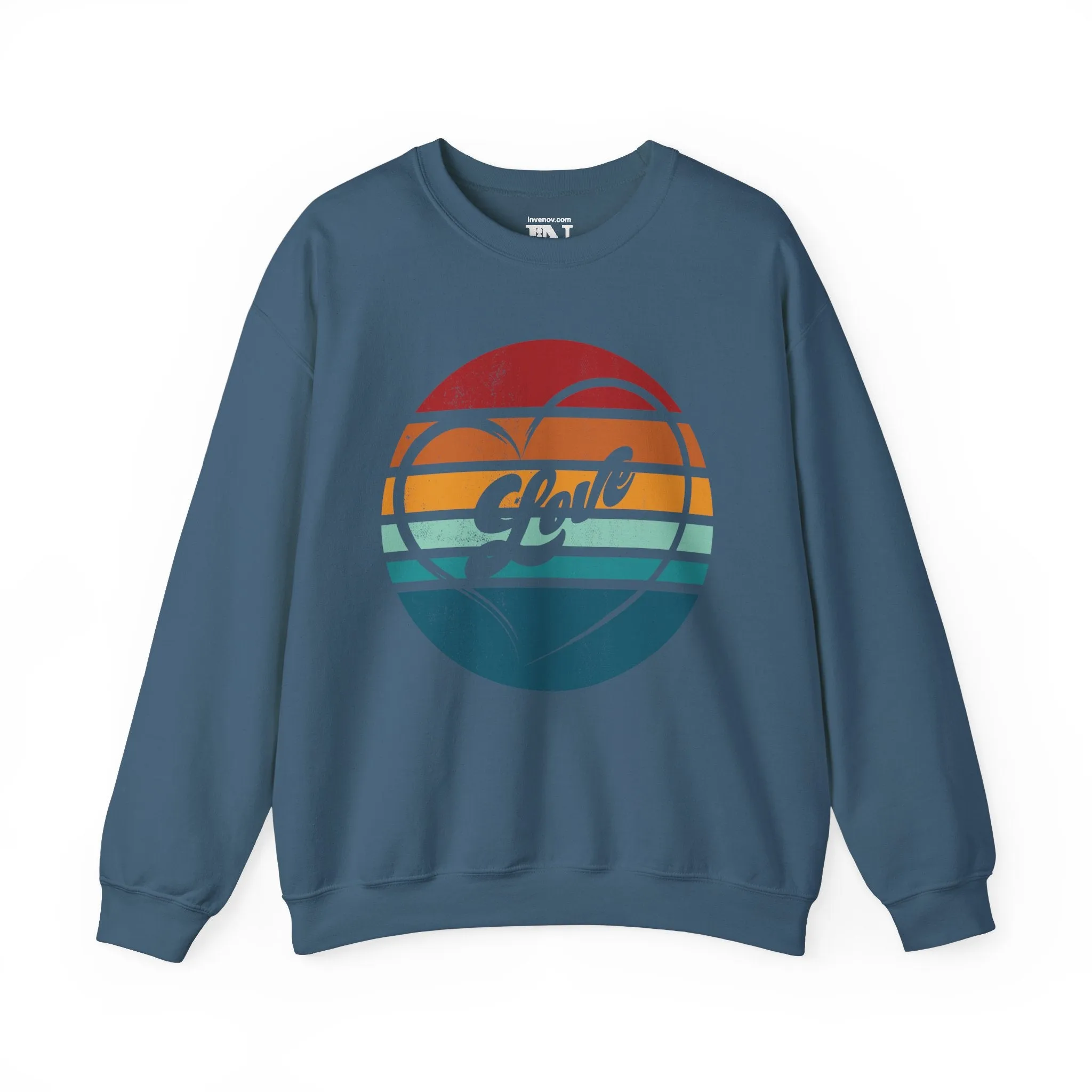 Retro Love Sweatshirt, Vintage Style Valentine's Day Crewneck, Warm Sunset Stripes Jumper, Distressed Graphic Pullover, Unisex Cozy Sweater