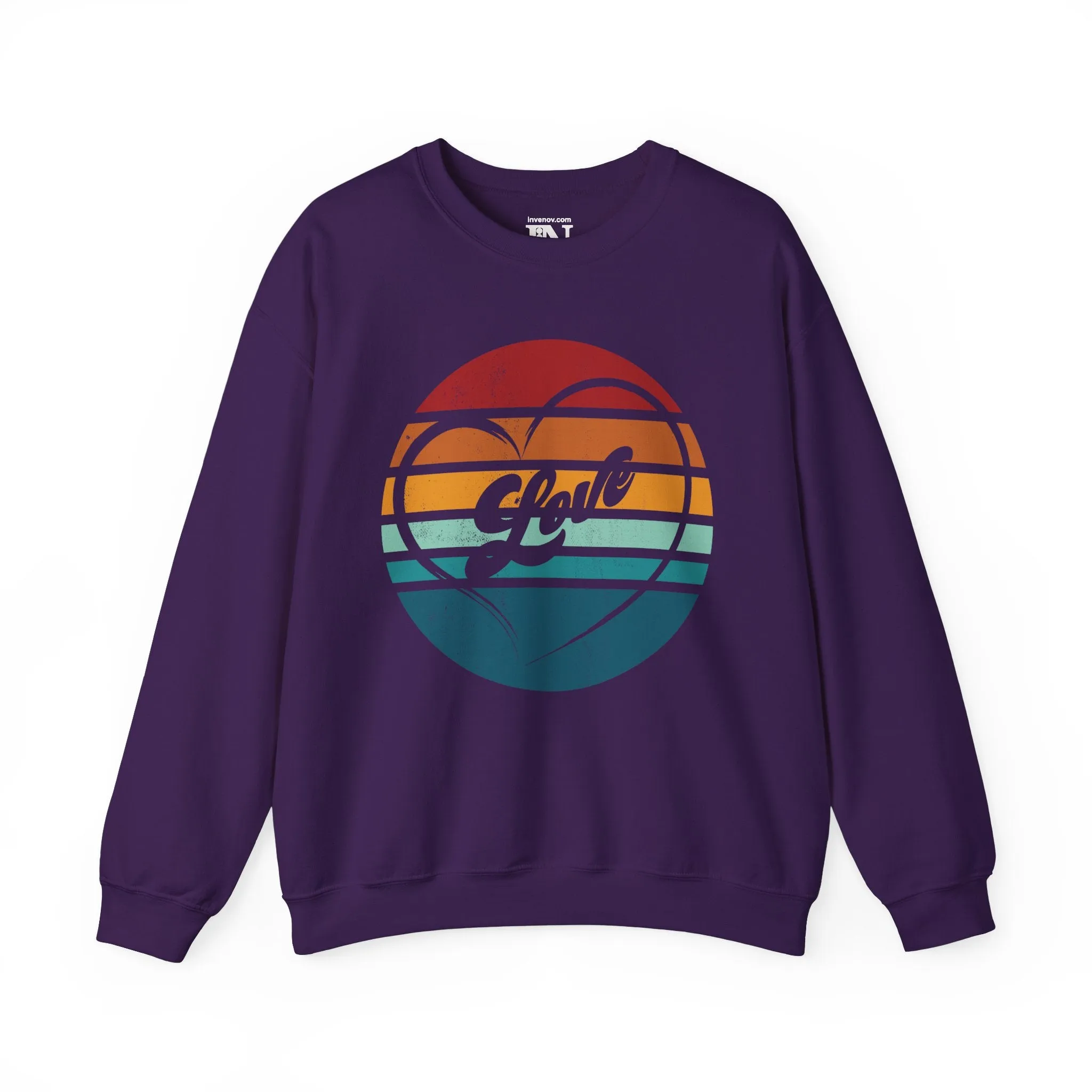 Retro Love Sweatshirt, Vintage Style Valentine's Day Crewneck, Warm Sunset Stripes Jumper, Distressed Graphic Pullover, Unisex Cozy Sweater