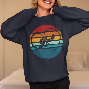 Retro Love Sweatshirt, Vintage Style Valentine's Day Crewneck, Warm Sunset Stripes Jumper, Distressed Graphic Pullover, Unisex Cozy Sweater