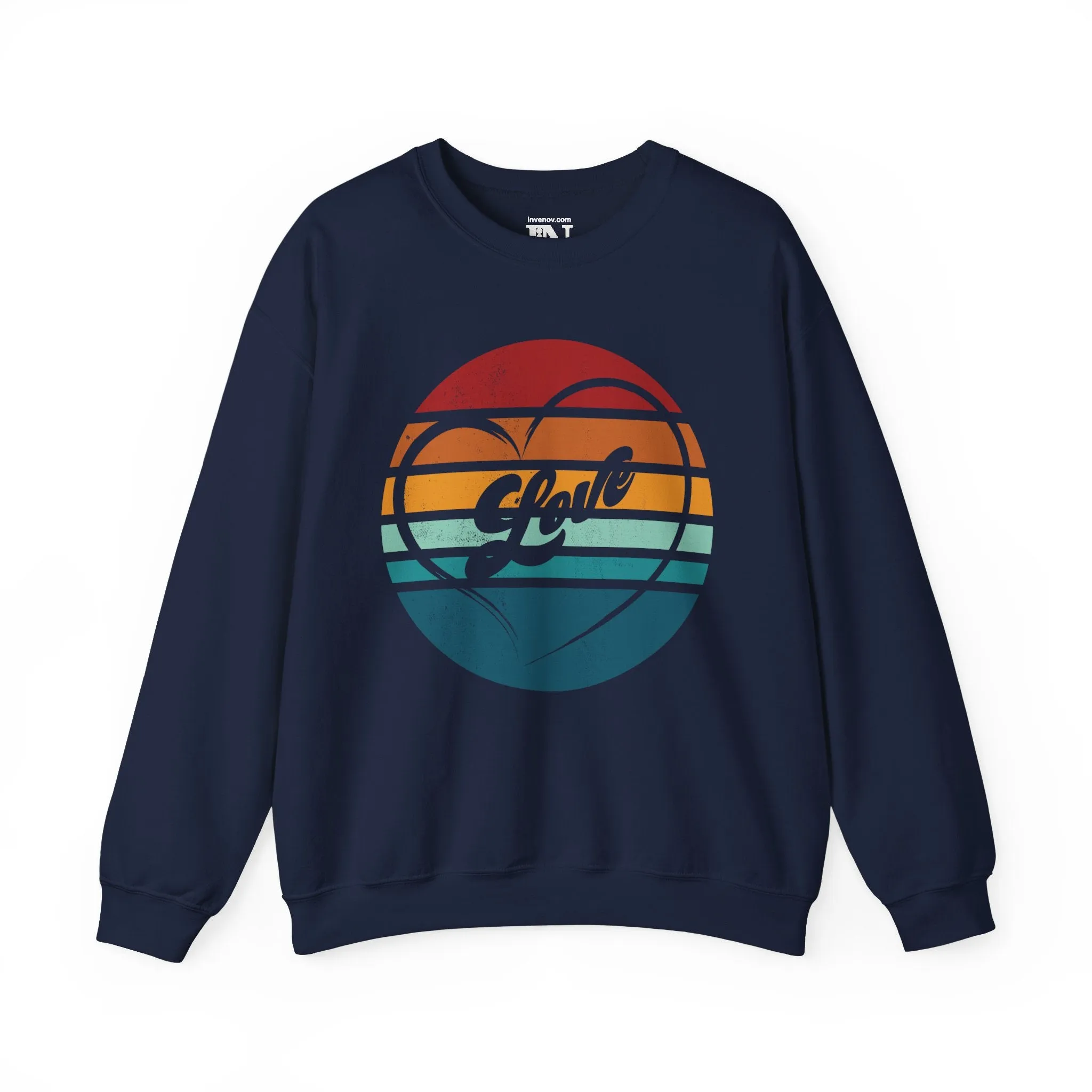 Retro Love Sweatshirt, Vintage Style Valentine's Day Crewneck, Warm Sunset Stripes Jumper, Distressed Graphic Pullover, Unisex Cozy Sweater