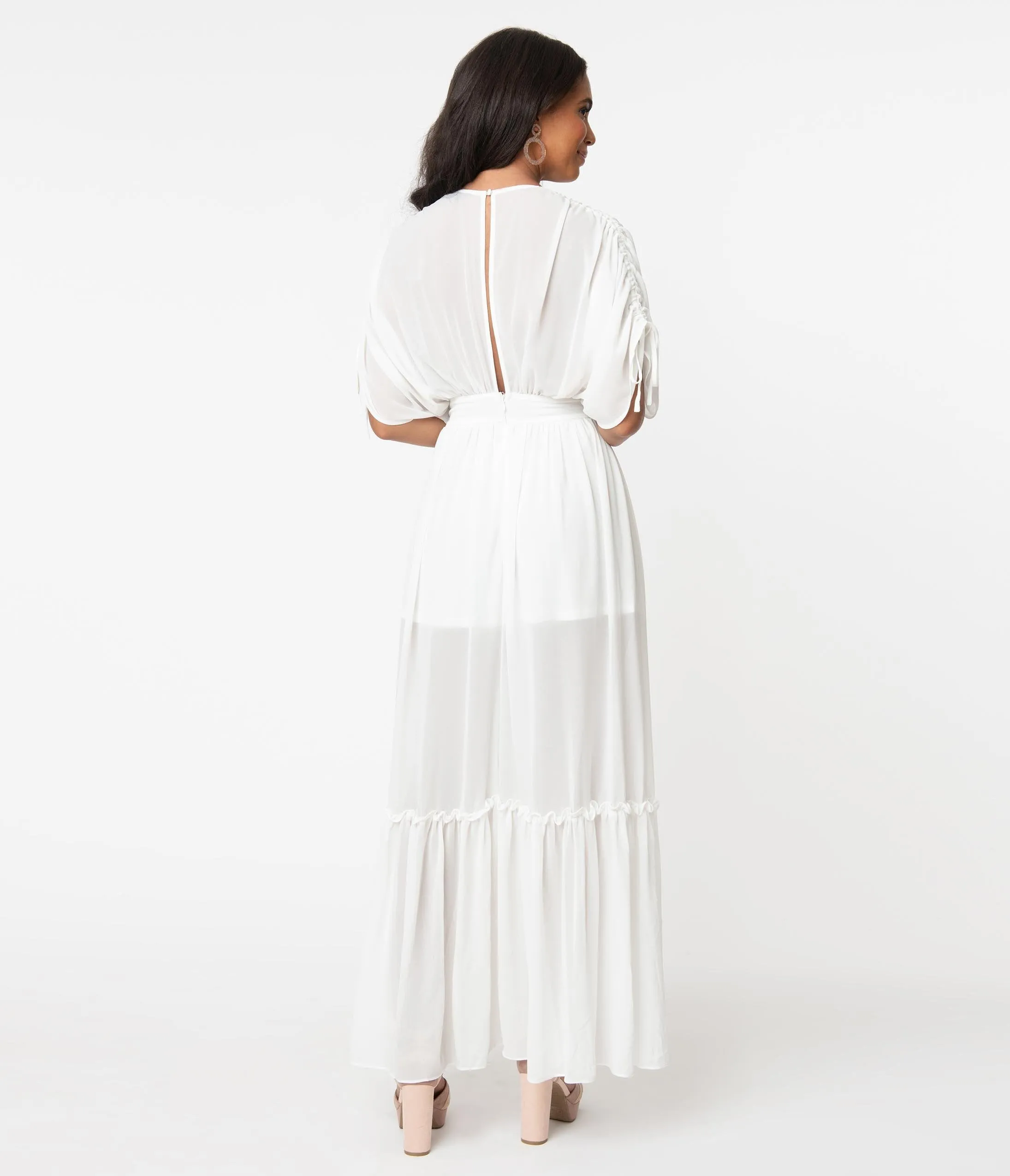 Retro Style Ivory Ruched Maxi Dress