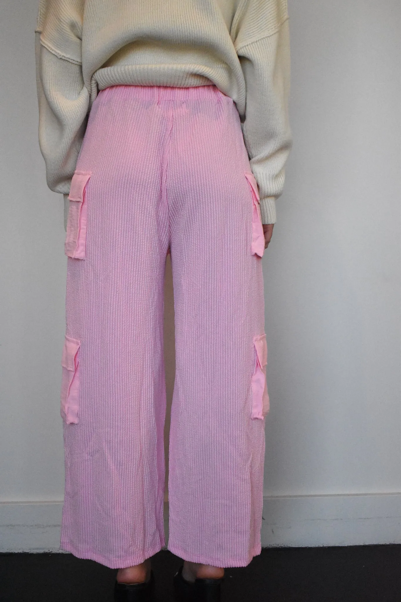 Ribbed Knit Cargo Pants- Baby Pink