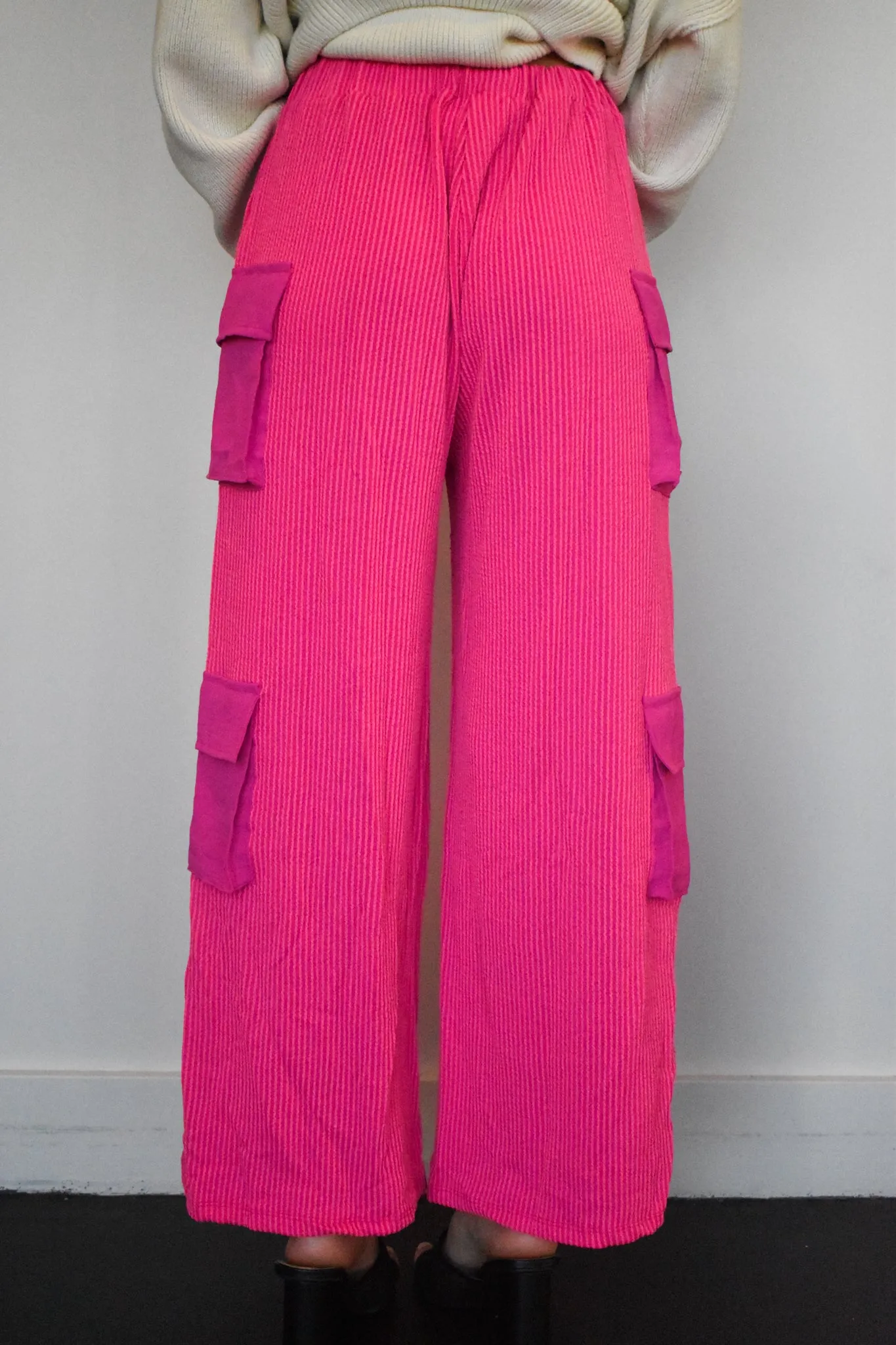 Ribbed Knit Cargo Pants- Fuschia