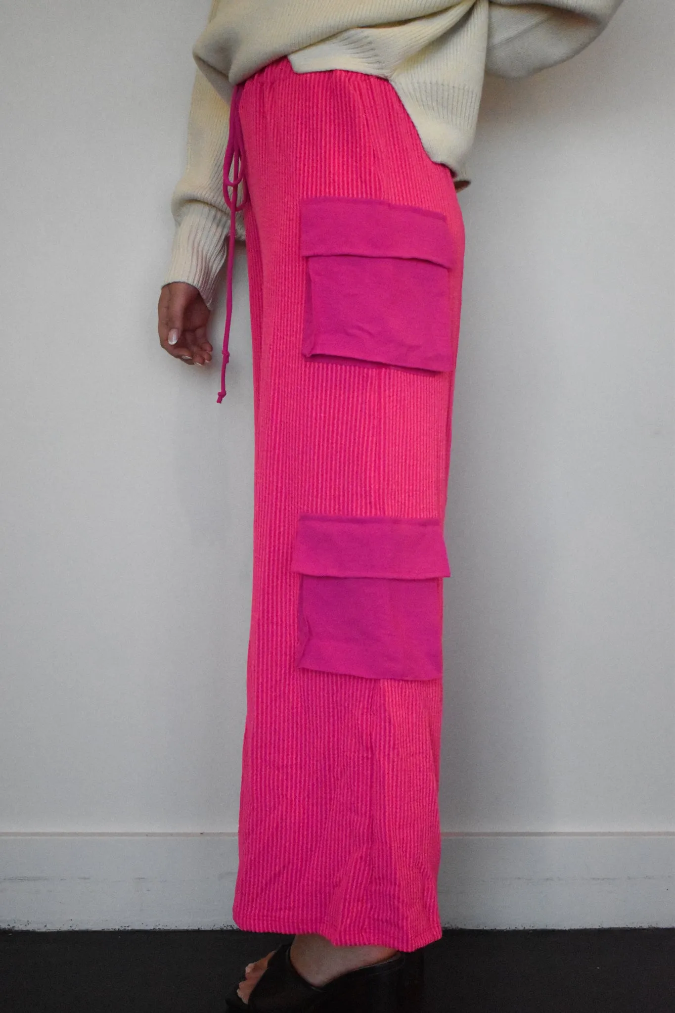 Ribbed Knit Cargo Pants- Fuschia