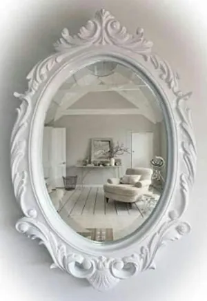 Royal Traders Wall Mount Wood Hand Crafted Oval Shape Vanity Mirror for Living Room (24X16 Inches, White)