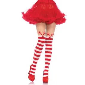 Rudolph Reindeer Opaque Striped Pantyhose With Sheer Thigh High Accent