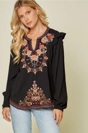 Ruffle Detail Embroidered Blouse, Black