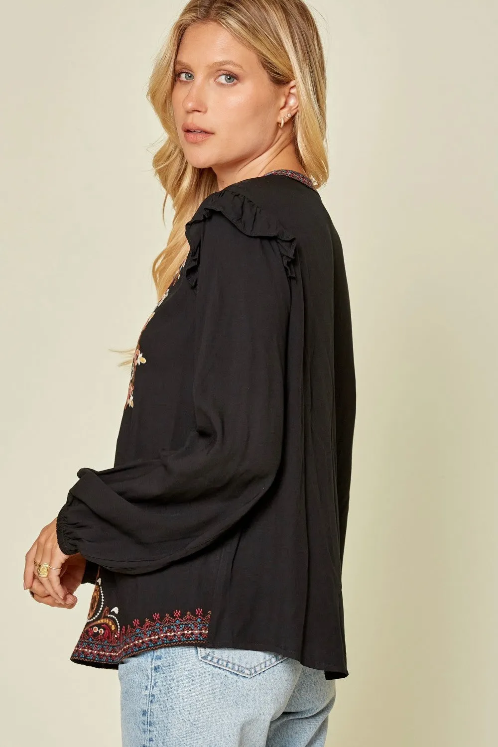 Ruffle Detail Embroidered Blouse, Black