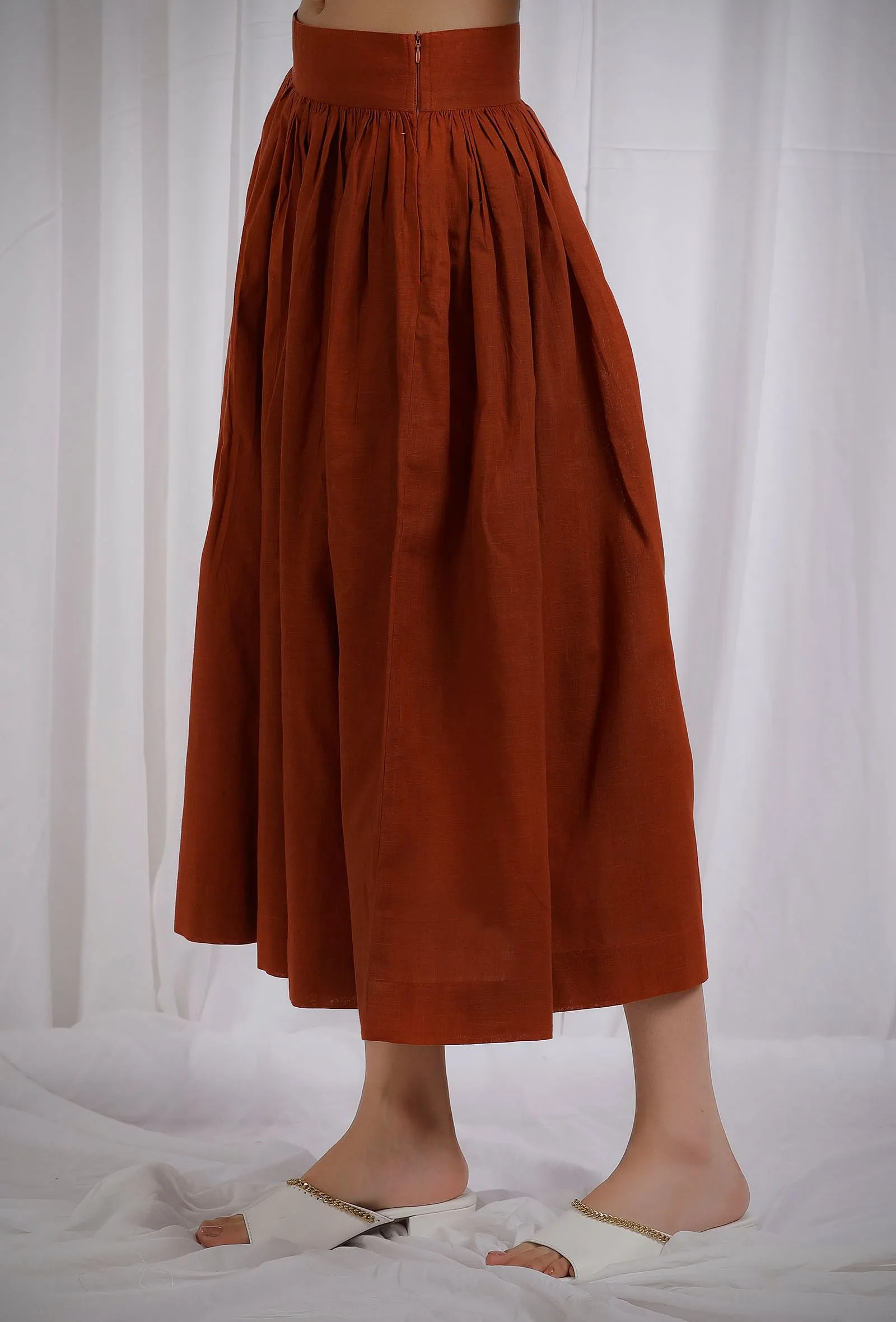 Rust Orange Cotton Slub Flared Skirt