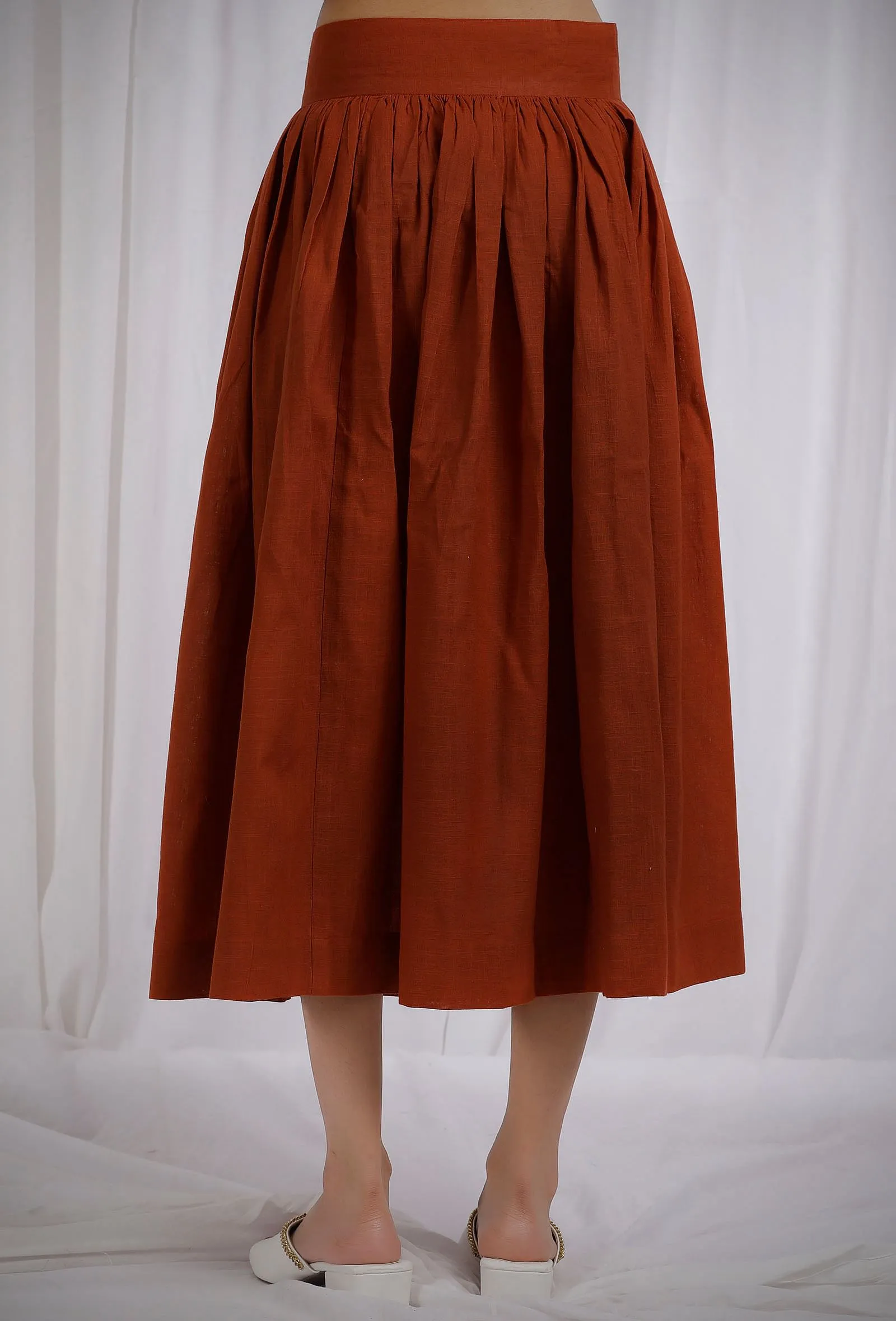 Rust Orange Cotton Slub Flared Skirt