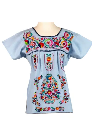 SALE - Isabel Embroidered Mexican Top - Chambray, Multicolor