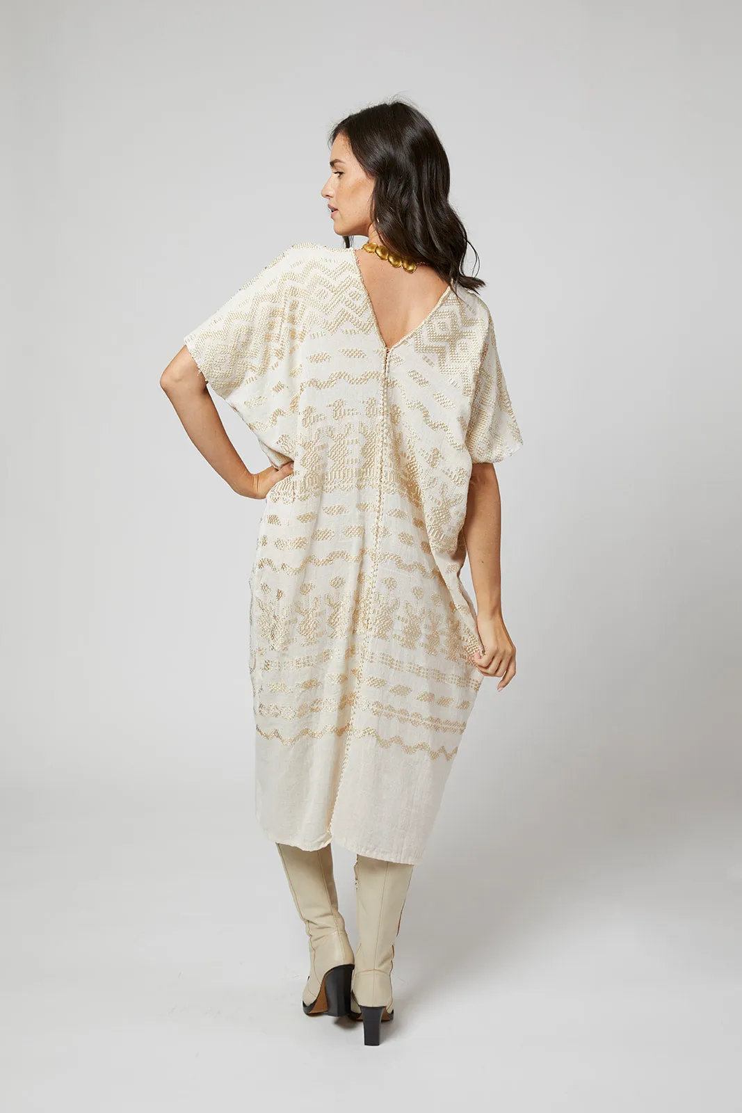 Santa Lucia Embroidered Guatemalan Kaftan - Ivory, Champagne