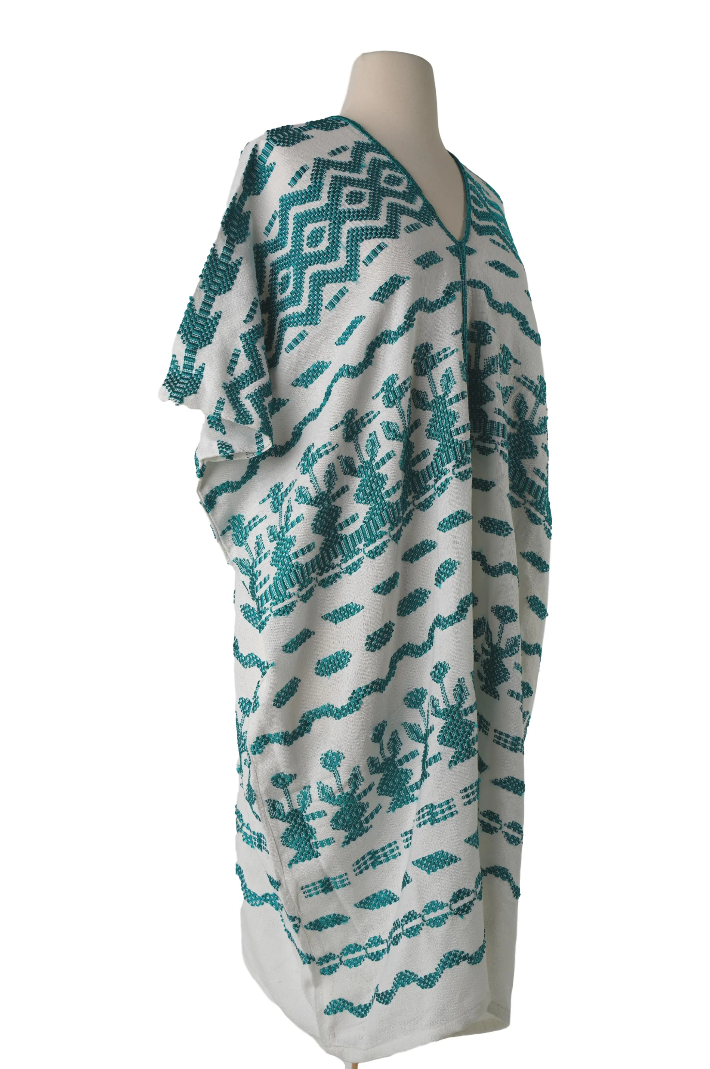 Santa Lucia Embroidered Guatemalan Kaftan - Teal, White