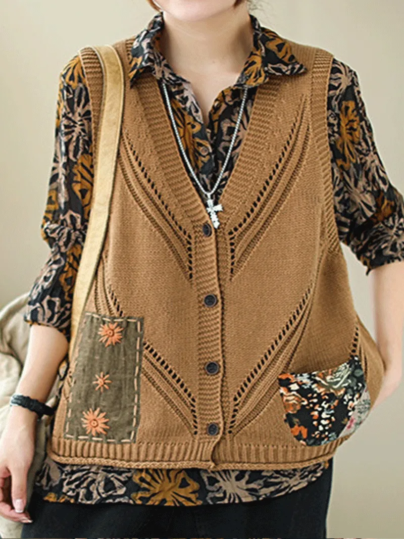 Saturday Night Patch Cotton Knitted Vest Women Sweater Cardigan