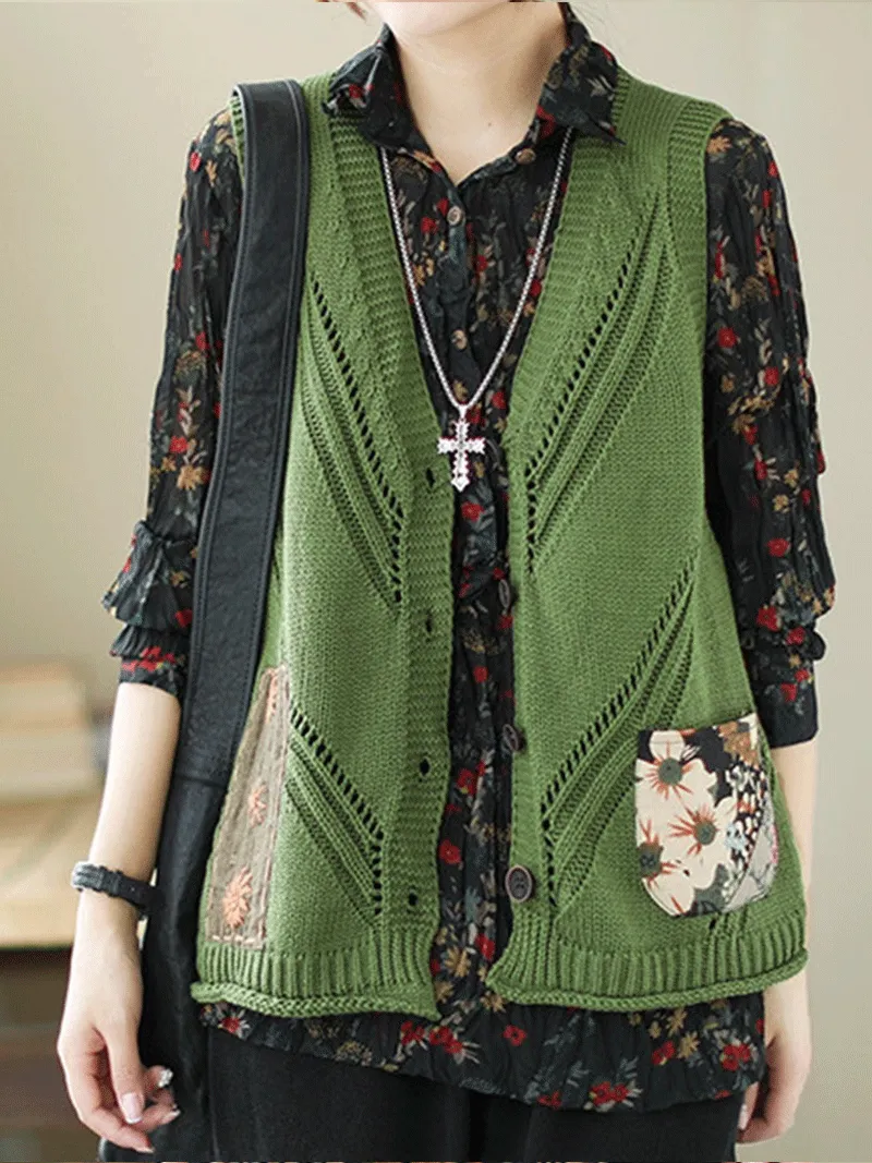 Saturday Night Patch Cotton Knitted Vest Women Sweater Cardigan