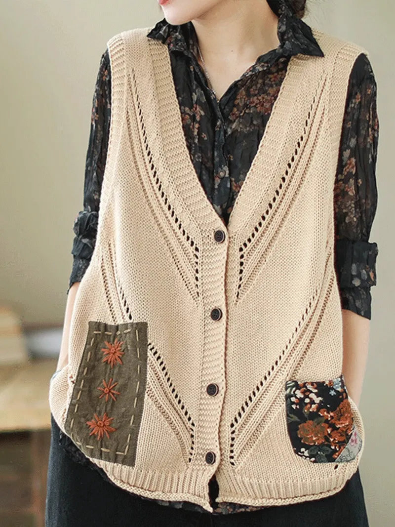 Saturday Night Patch Cotton Knitted Vest Women Sweater Cardigan