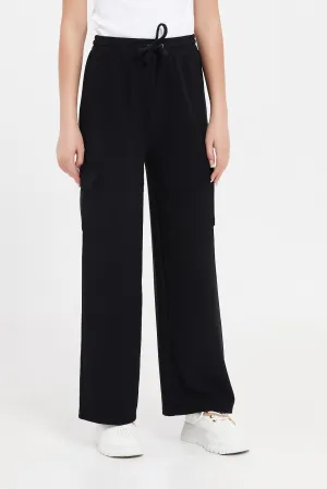 Senior Girls Black Wide Leg Pants With Cargo Pocket