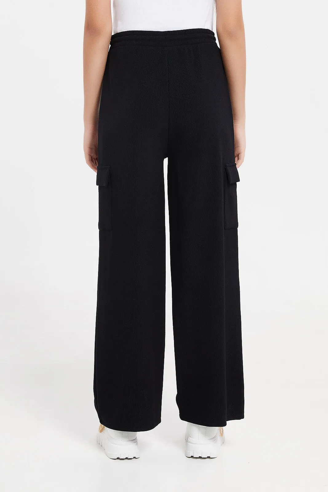 Senior Girls Black Wide Leg Pants With Cargo Pocket