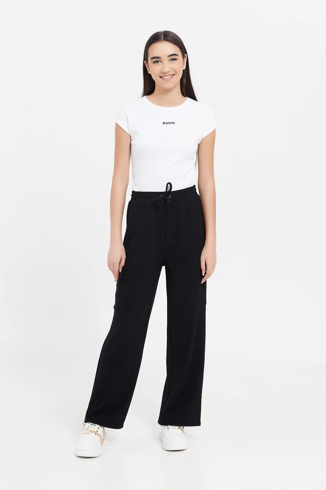 Senior Girls Black Wide Leg Pants With Cargo Pocket