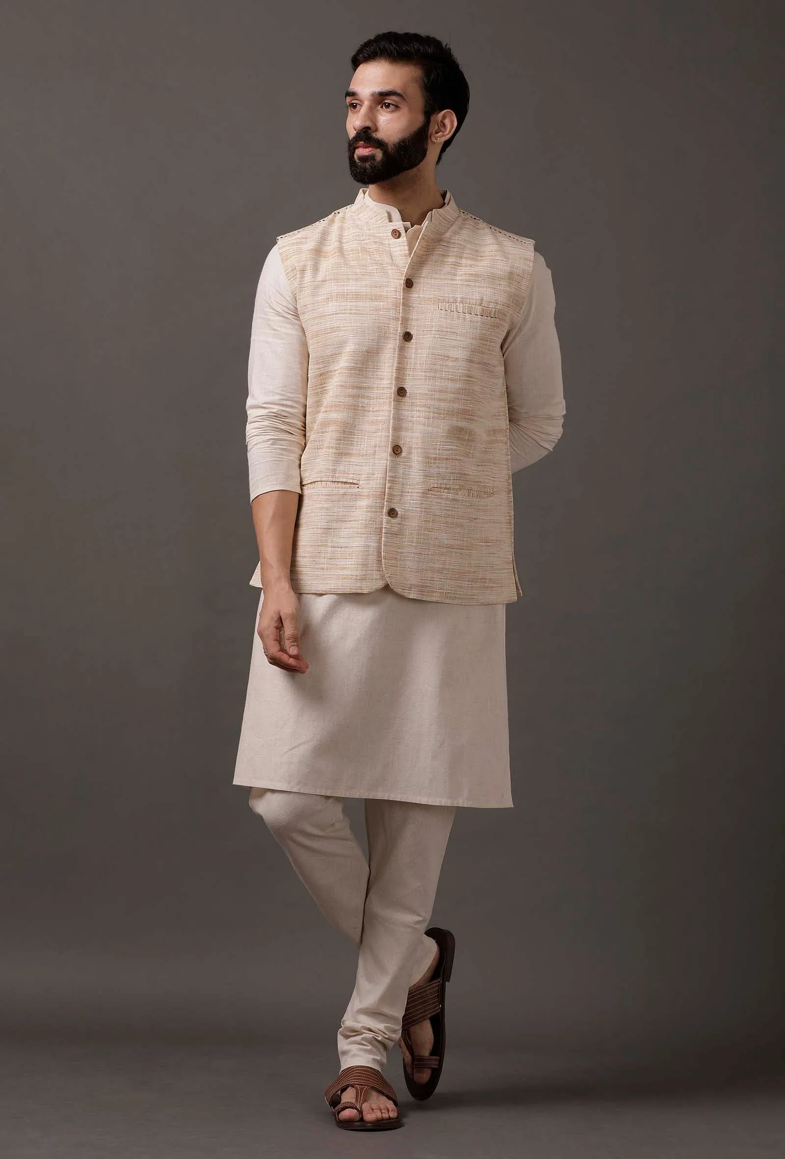 Set of 3: Beige Kurta pajama with Beige Waist Coat