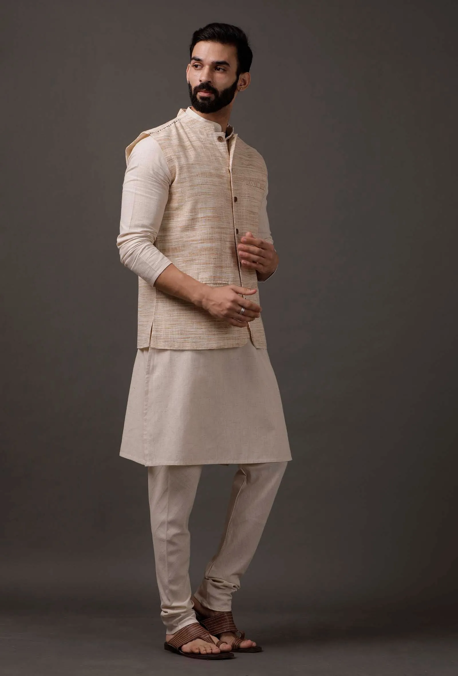 Set of 3: Beige Kurta pajama with Beige Waist Coat