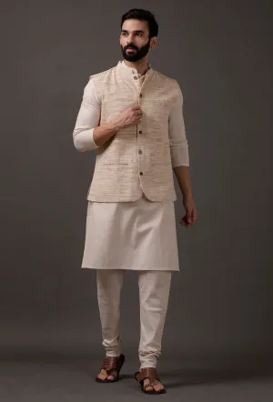 Set of 3: Beige Kurta pajama with Beige Waist Coat