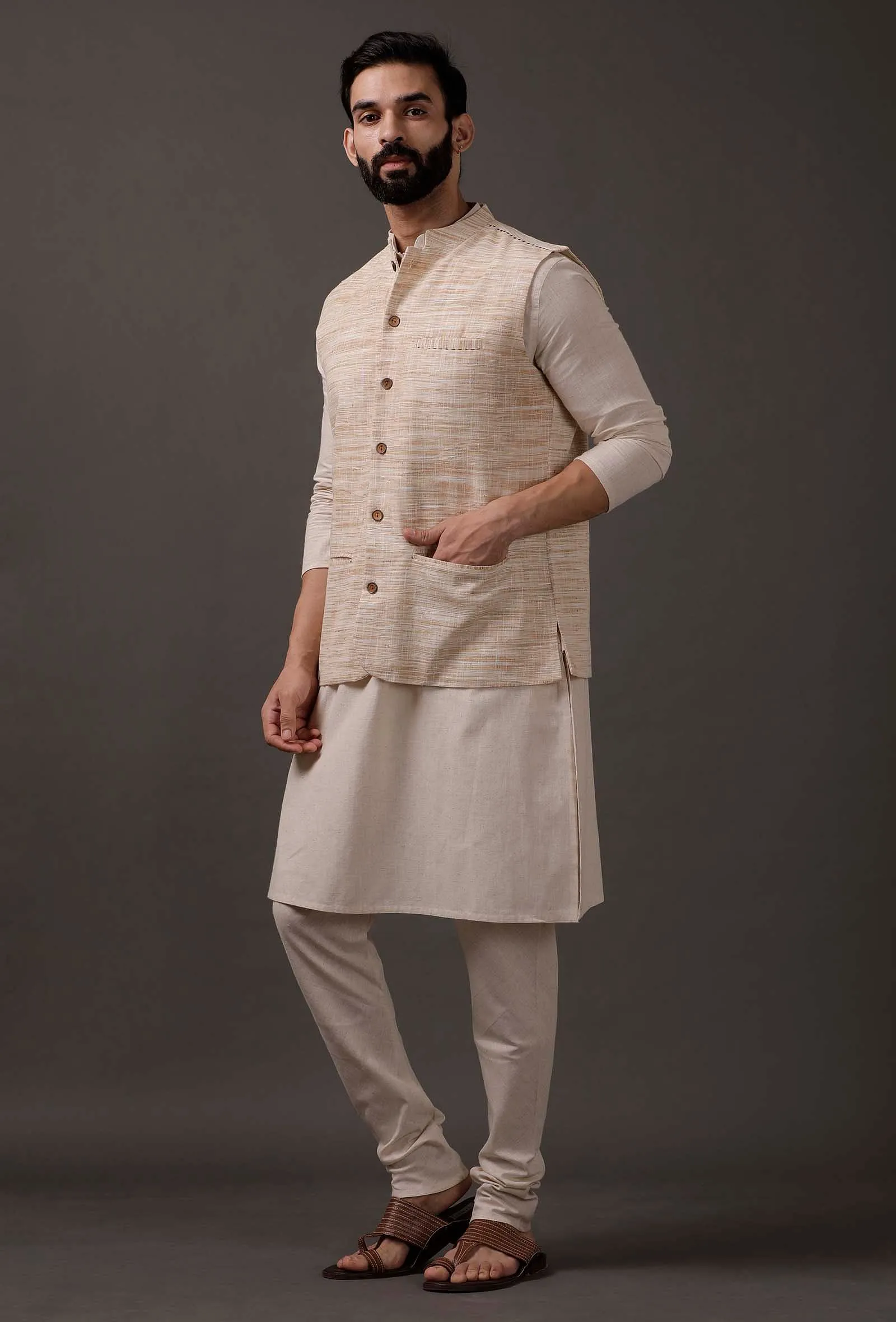 Set of 3: Beige Kurta pajama with Beige Waist Coat