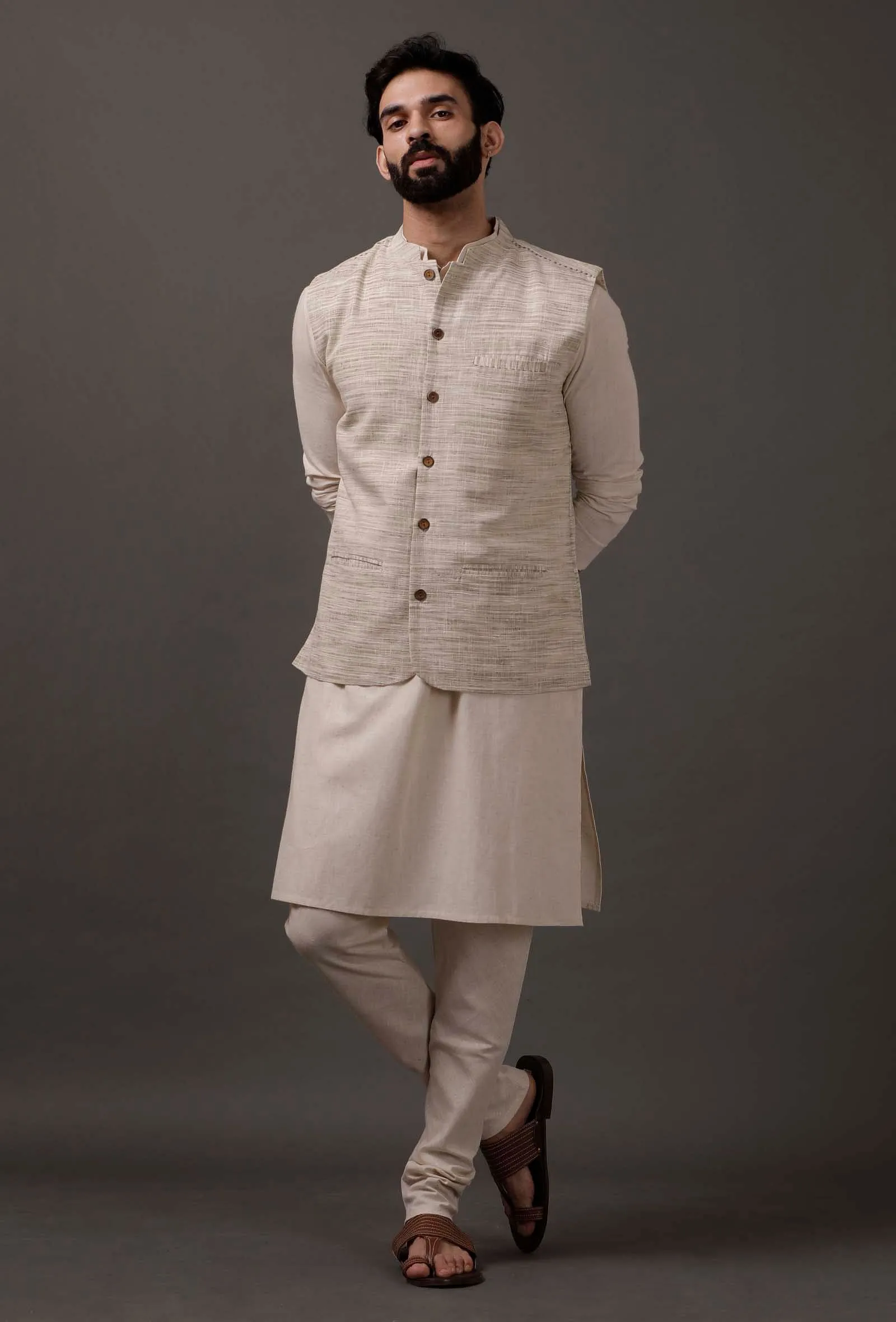 Set of 3: Beige Kurta pajama with Brown Waist coat