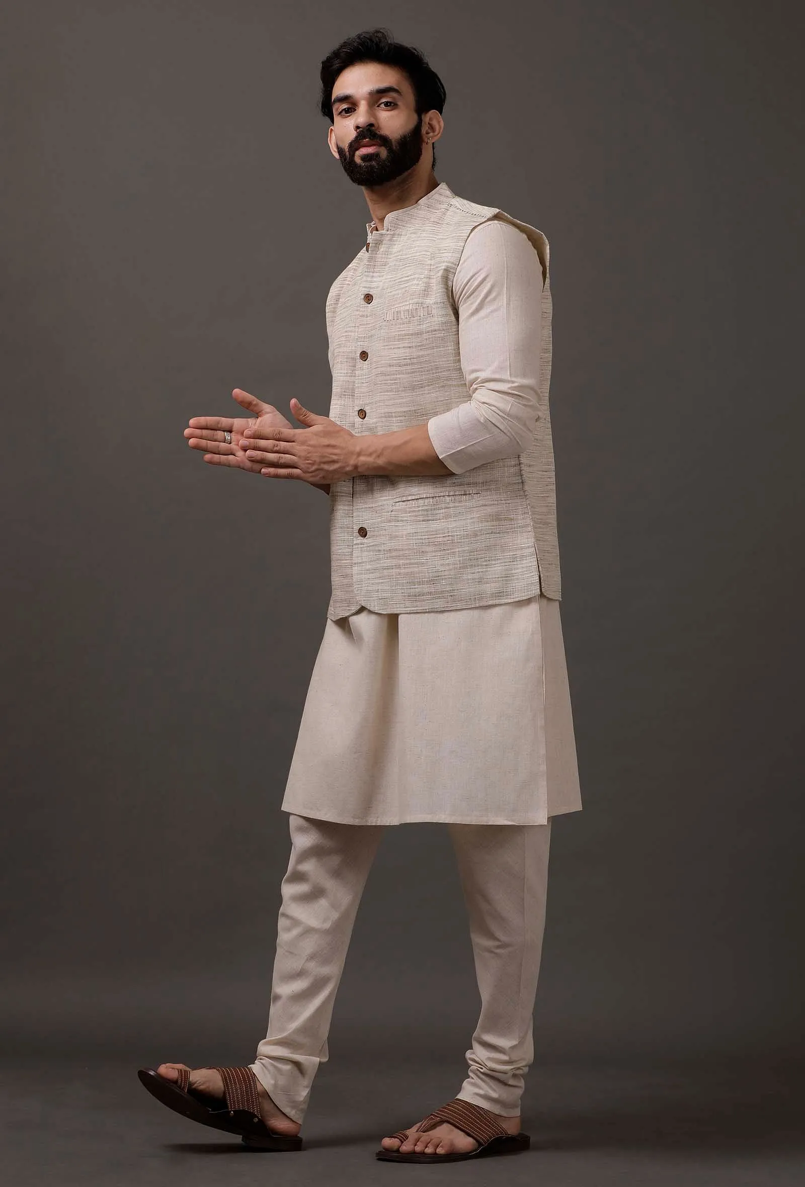 Set of 3: Beige Kurta pajama with Brown Waist coat