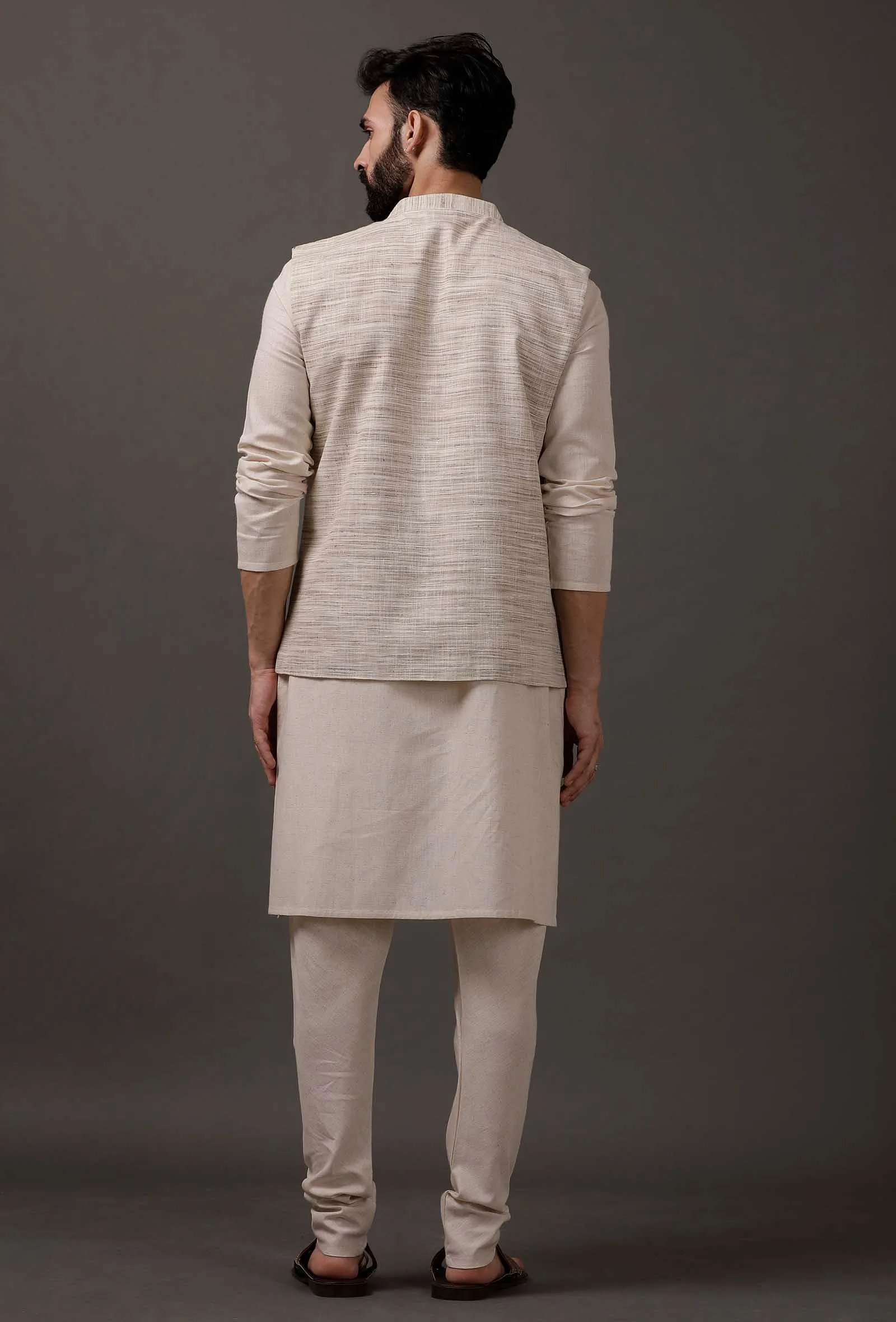 Set of 3: Beige Kurta pajama with Brown Waist coat