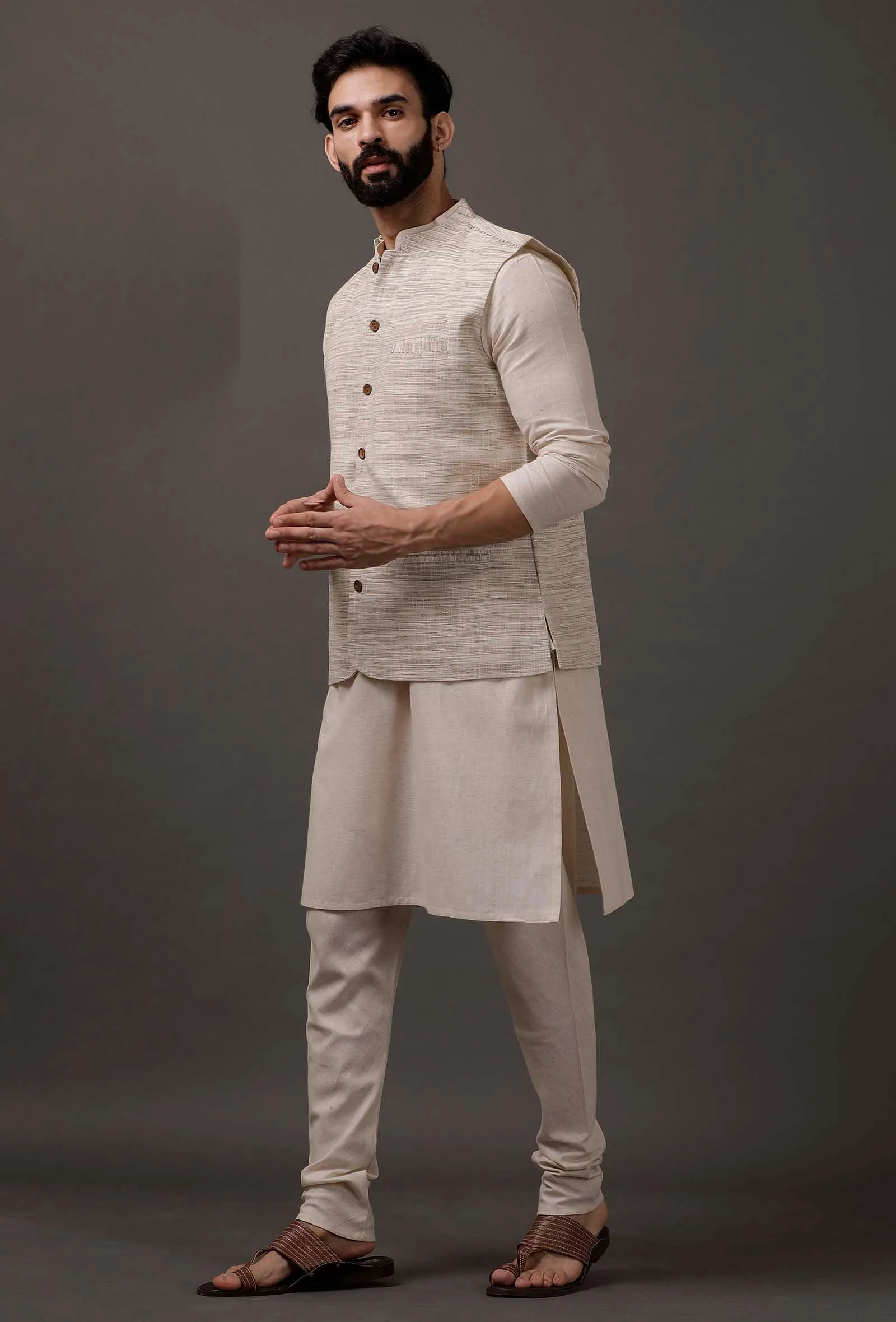 Set of 3: Beige Kurta pajama with Brown Waist coat