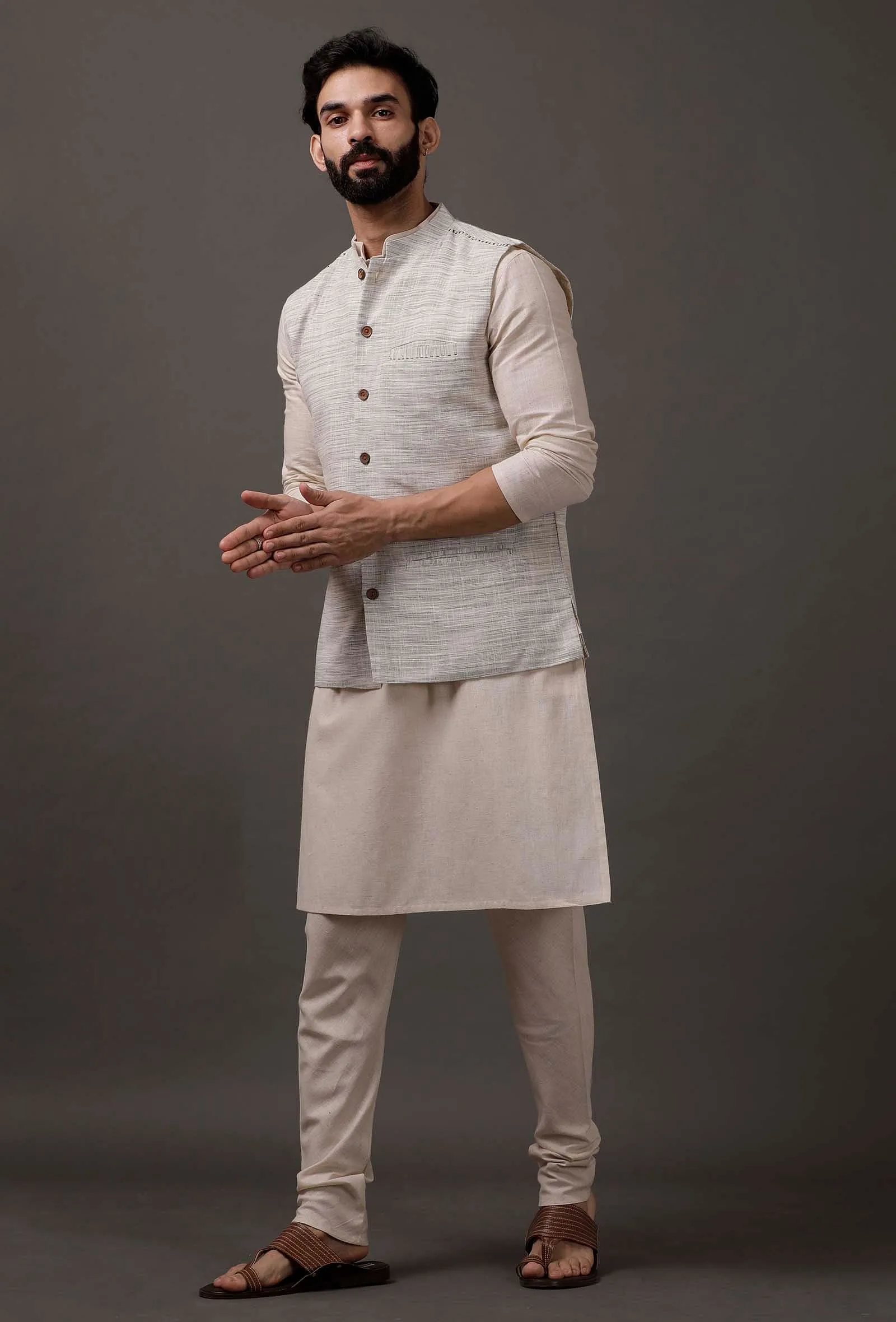 Set of 3: Beige Kurta pajama with Grey Waist coat