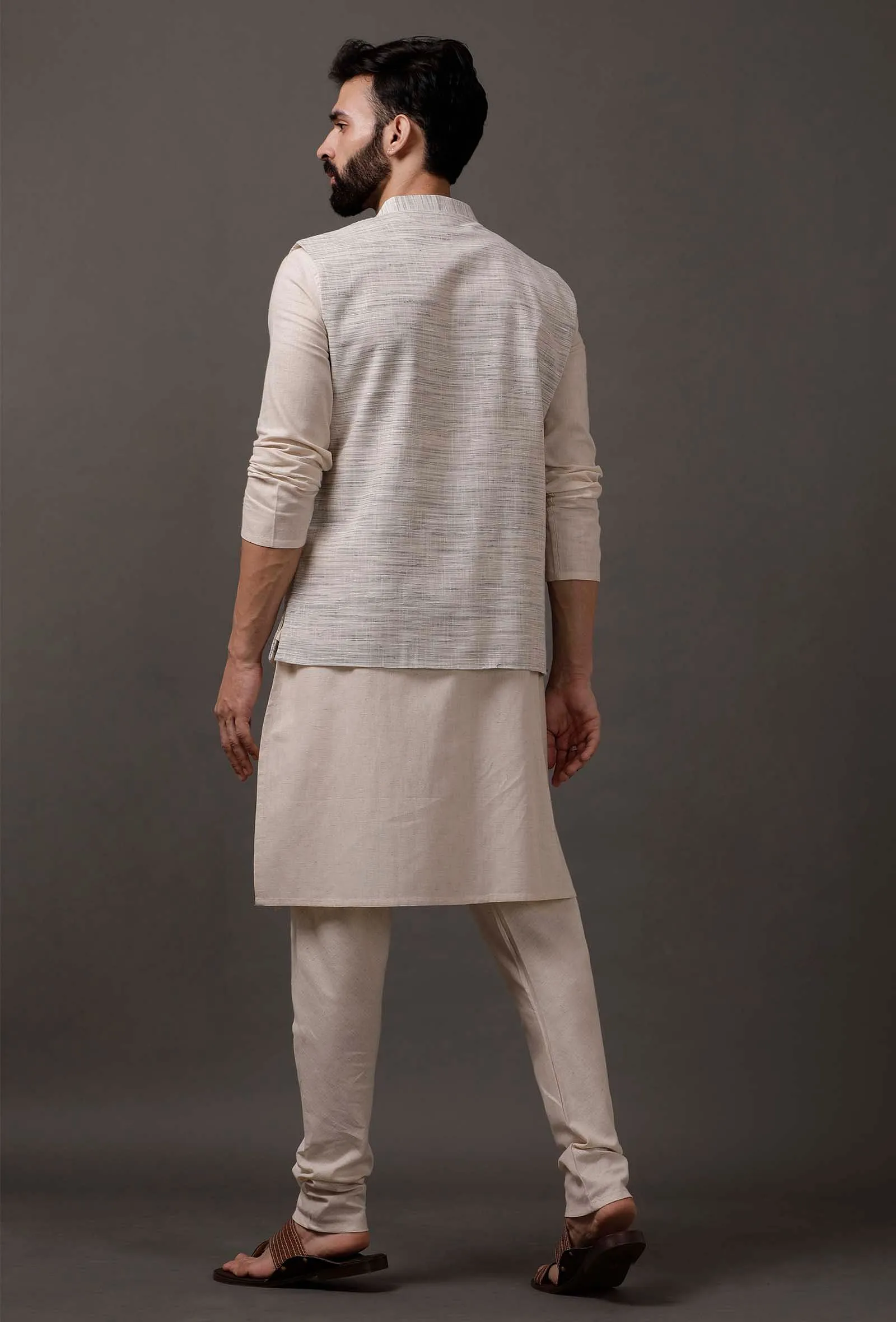 Set of 3: Beige Kurta pajama with Grey Waist coat