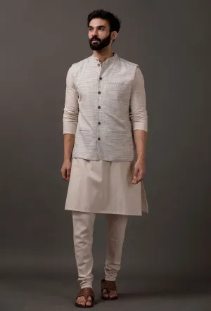 Set of 3: Beige Kurta pajama with Grey Waist coat