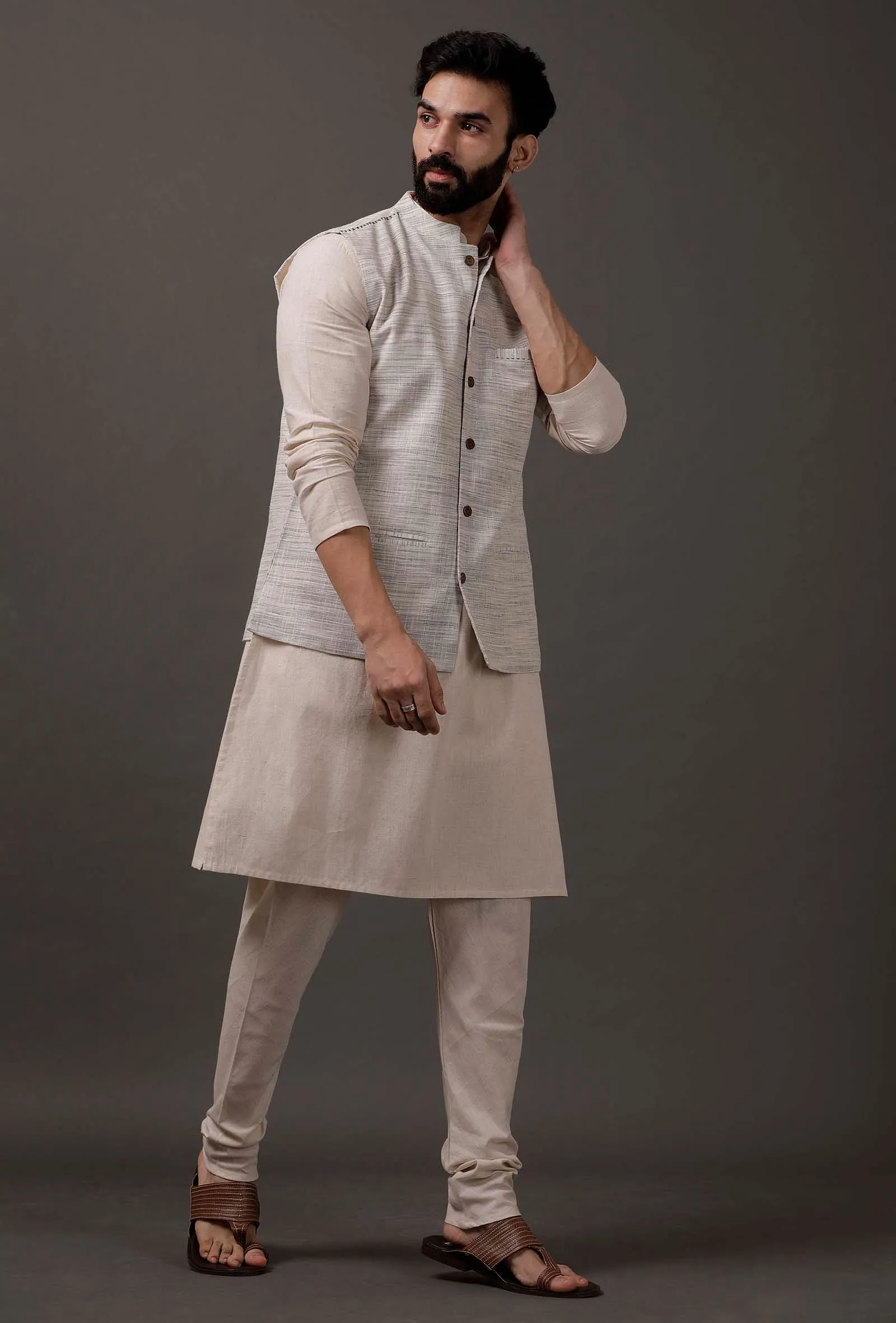 Set of 3: Beige Kurta pajama with Grey Waist coat