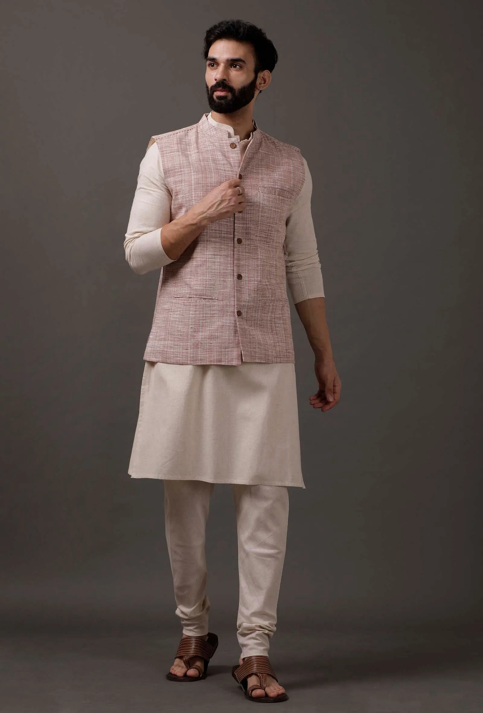 Set of 3: Beige Kurta pajama with Maroon Waist Coat