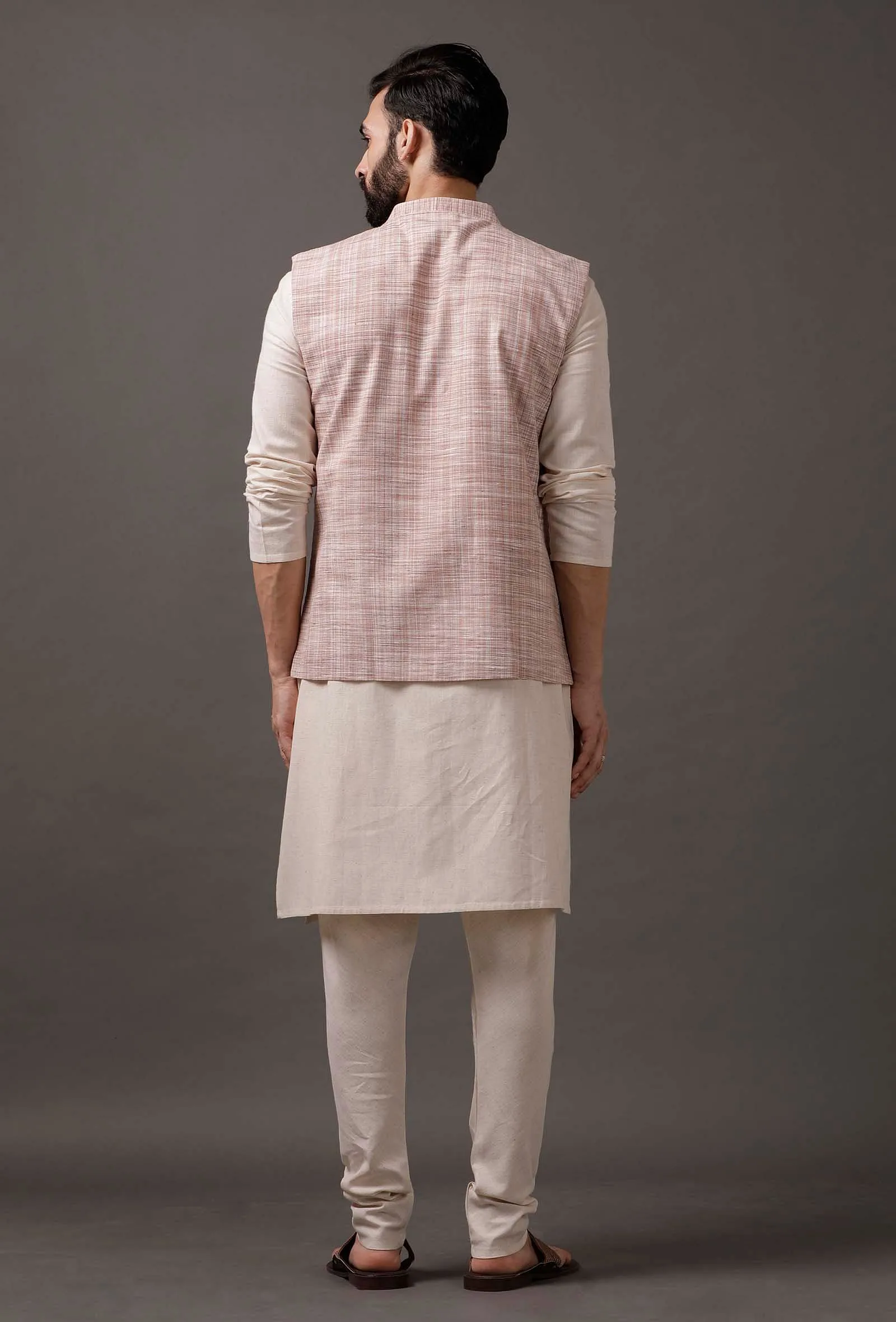 Set of 3: Beige Kurta pajama with Maroon Waist Coat