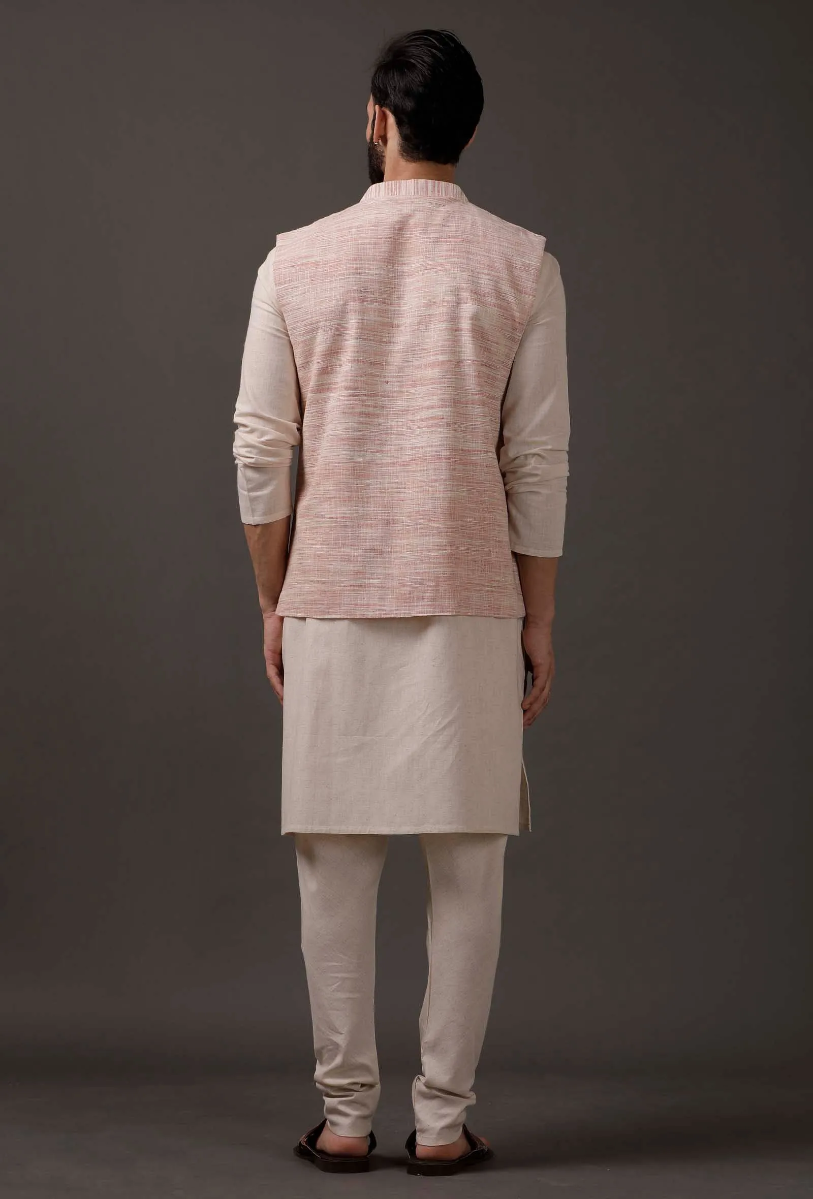 Set of 3: beige kurta pajama with pink waist coat