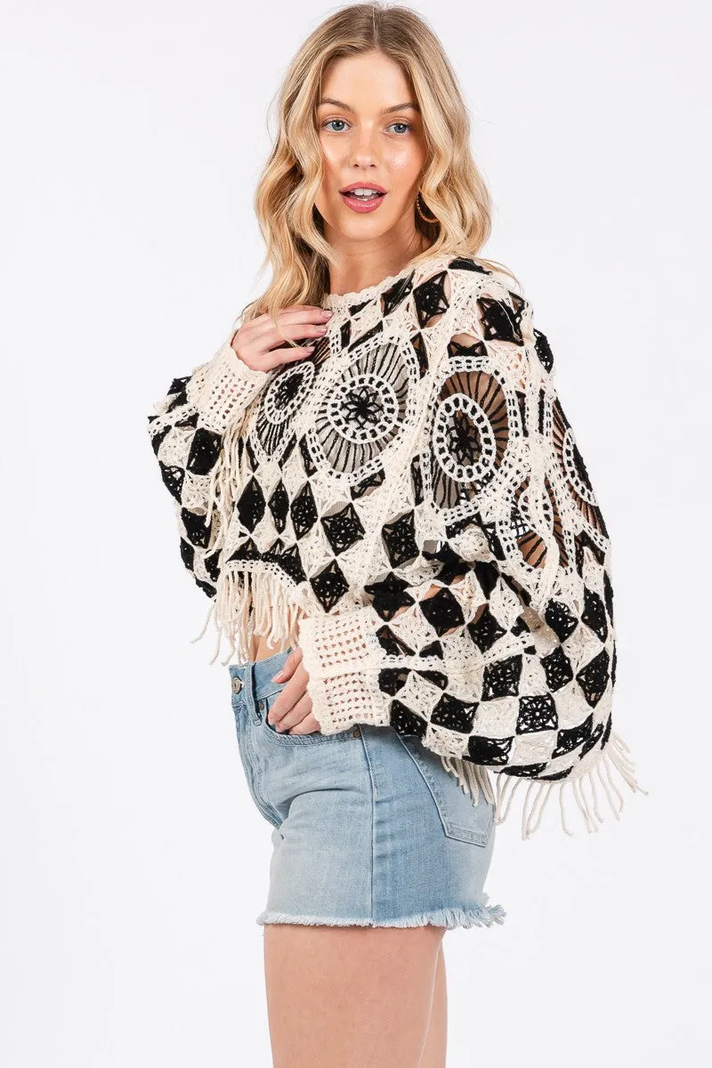 Sewn Seen CROPPED LENGTH Crochet Poncho Top in Black/White