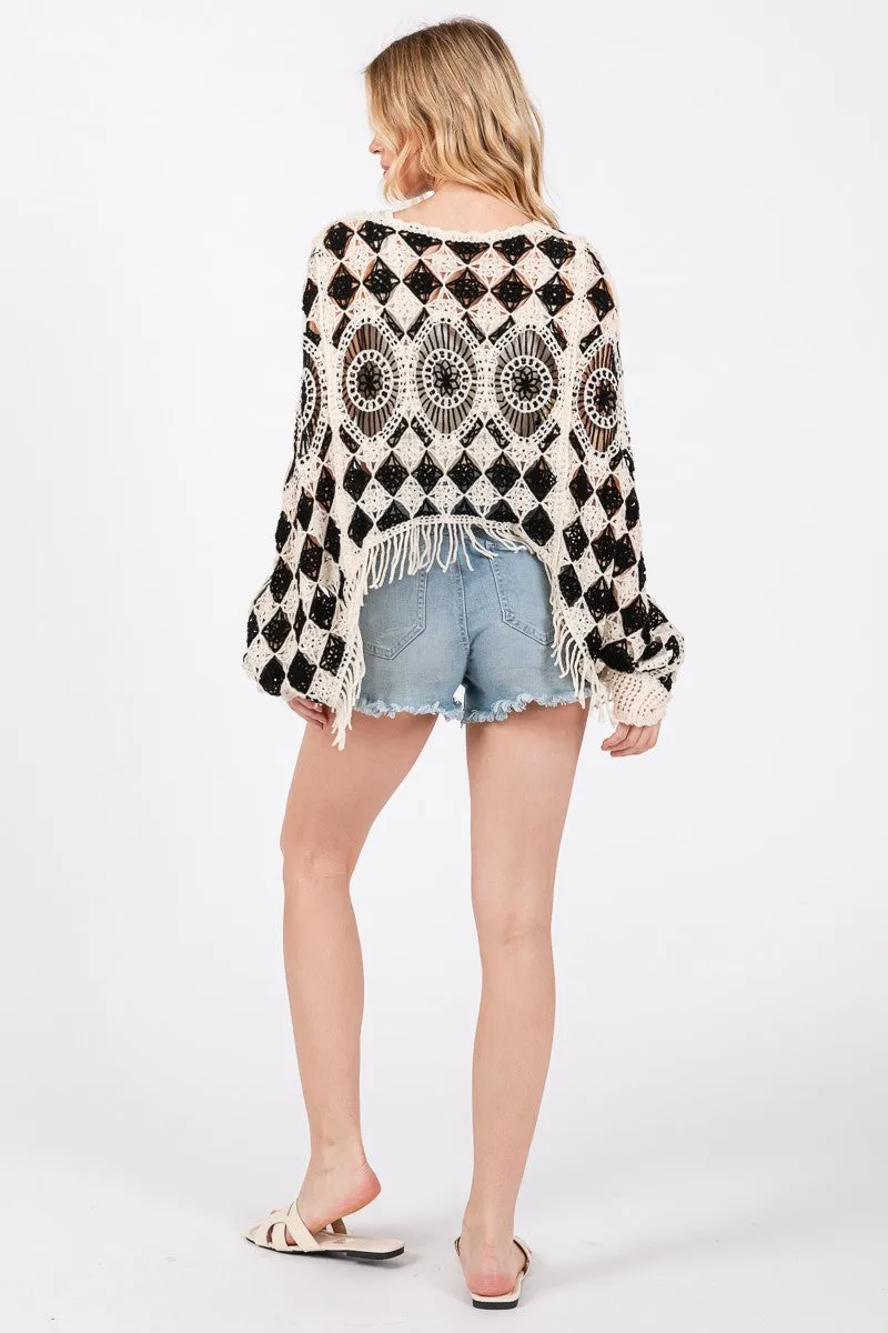 Sewn Seen CROPPED LENGTH Crochet Poncho Top in Black/White