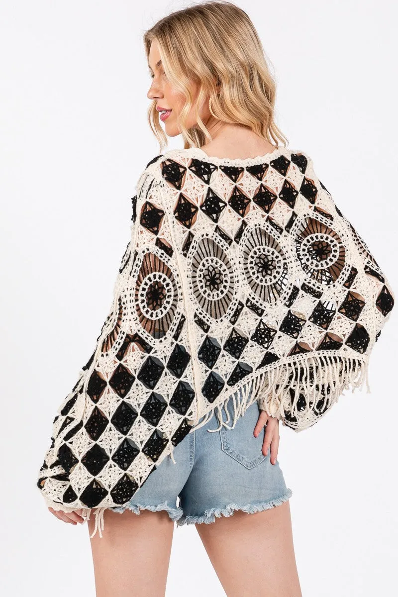 Sewn Seen CROPPED LENGTH Crochet Poncho Top in Black/White