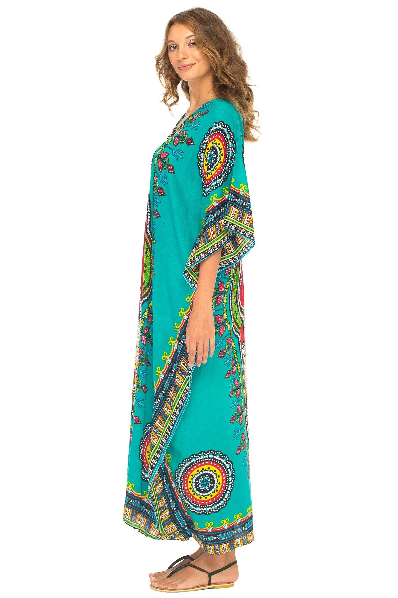 SHU-SHI Women's Ethnic V-Neck Kaftan Maxi Dress - Long Loose Casual Dashiki Beach Cover-Up with Sequins